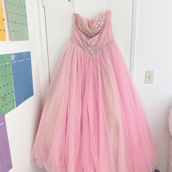 PINK BLUSH SOFT CRYSTAL LACE SHERRI HILL PRINCESS WEDDING PROM BALLGOWN SIZE 12 - Picture 5 of 16